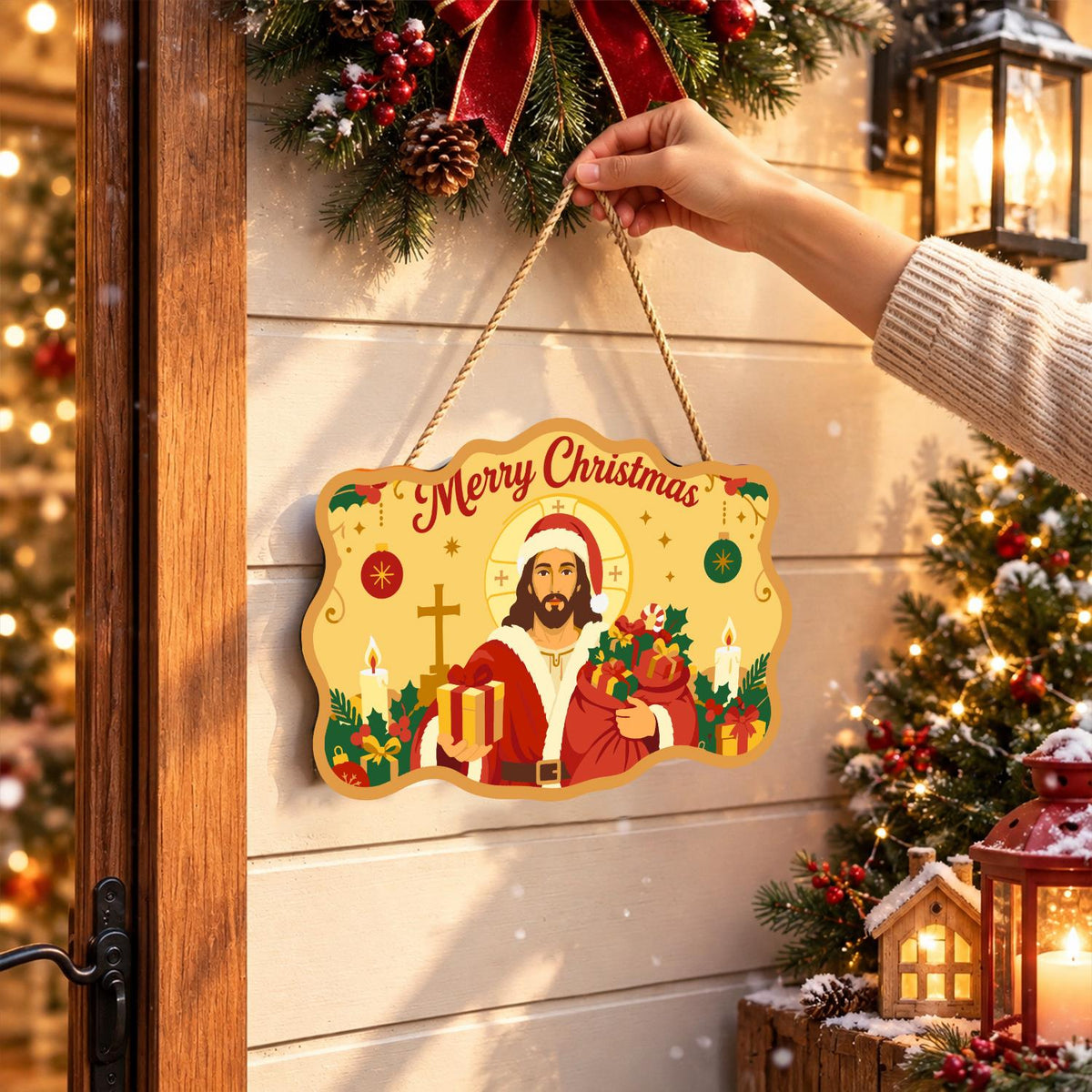 Golden Halo Jesus in Santa Coat paint by numbers hanging sign – image 14