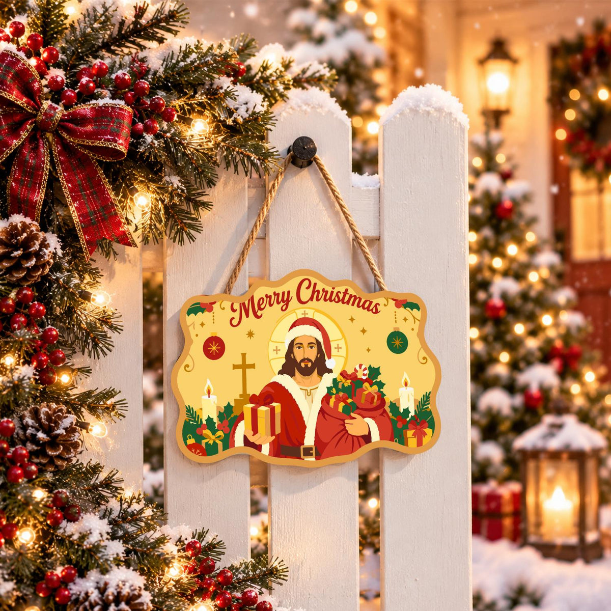 Golden Halo Jesus in Santa Coat paint by numbers hanging sign – image 15