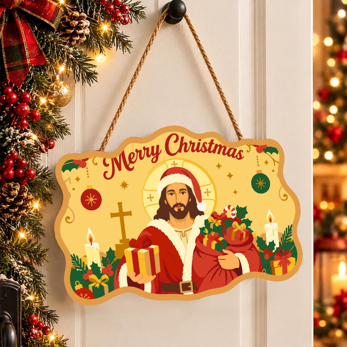 Golden Halo Jesus in Santa Coat paint by numbers hanging sign – image 16