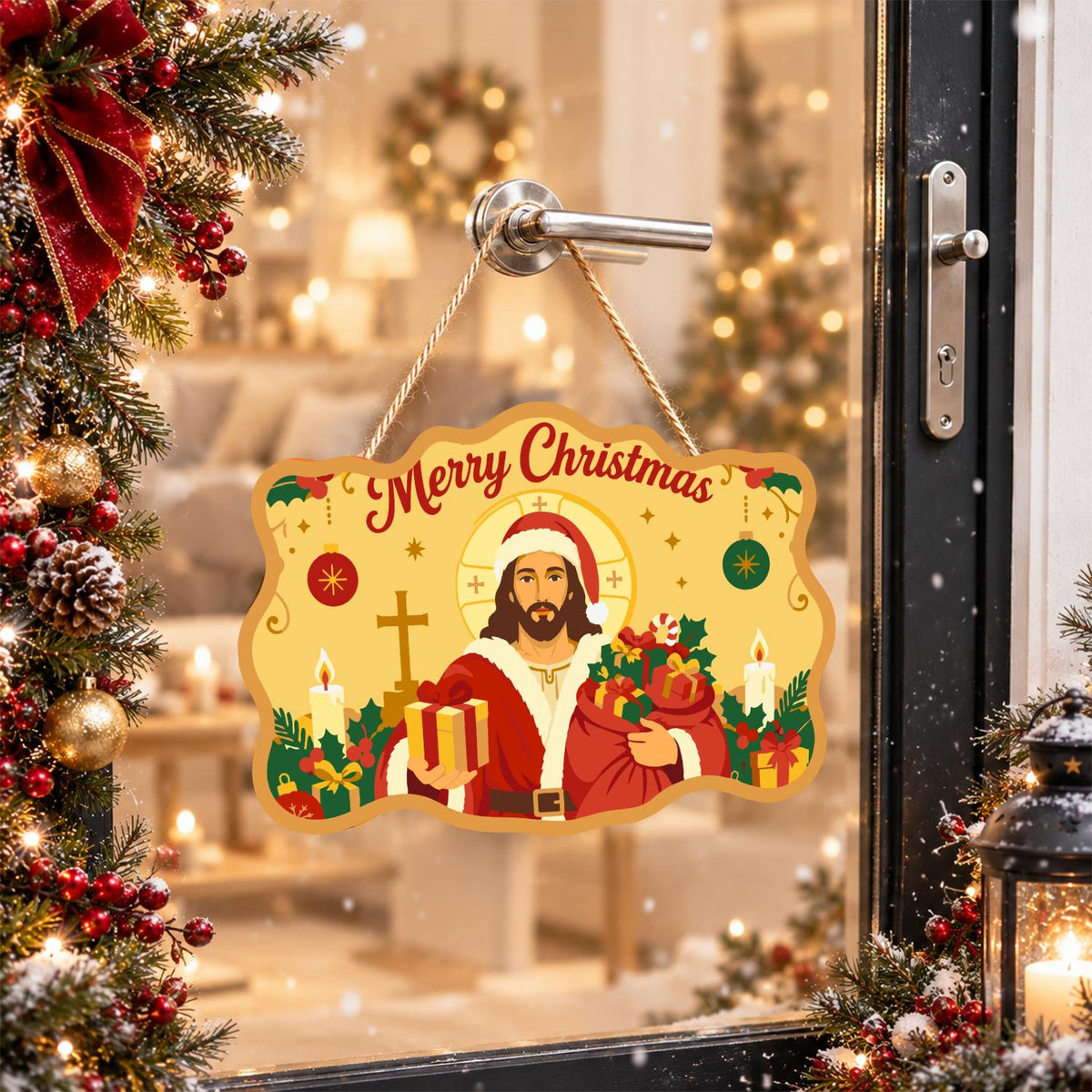 Golden Halo Jesus in Santa Coat paint by numbers hanging sign – image 17