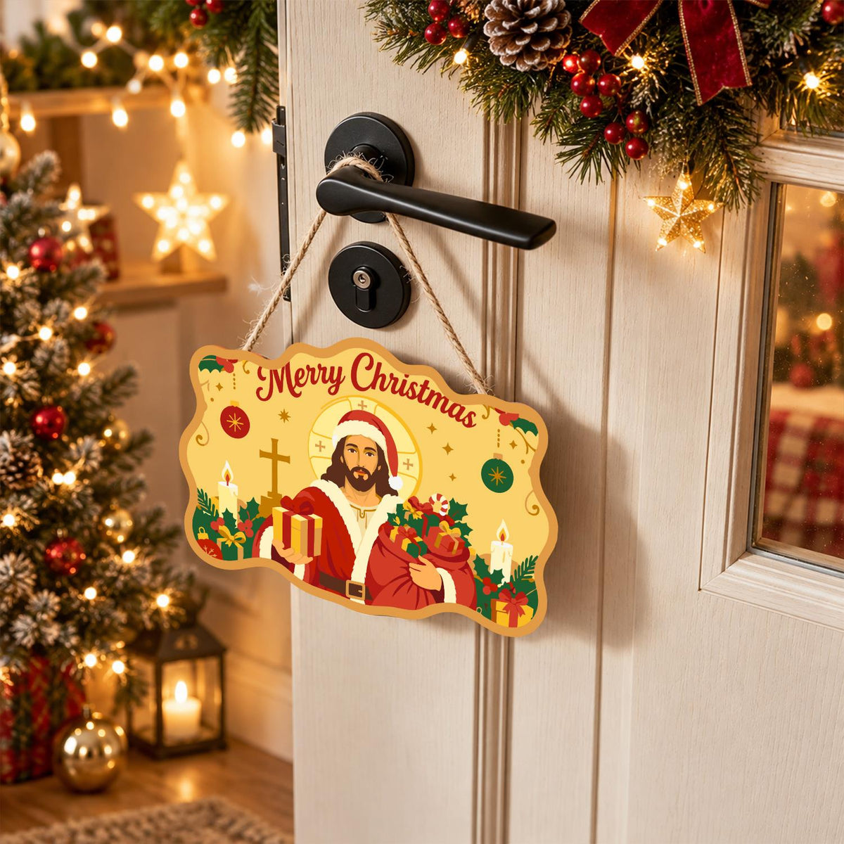 Golden Halo Jesus in Santa Coat paint by numbers hanging sign – image 18