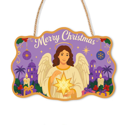 Dark-Haired Angel with Starlight paint by numbers hanging sign – Angel with white wings holding a glowing star before domes and palm trees on purple, with Merry Christmas, on a wooden sign with a rope hanger