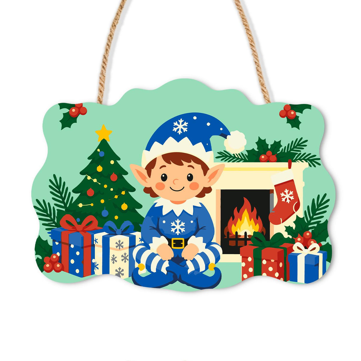 Blue Snowflake Elf by the Hearth paint by numbers hanging sign – Elf in a blue snowflake hat and outfit sitting by a fireplace with a stocking, tree and gifts, on a wooden sign with a rope hanger