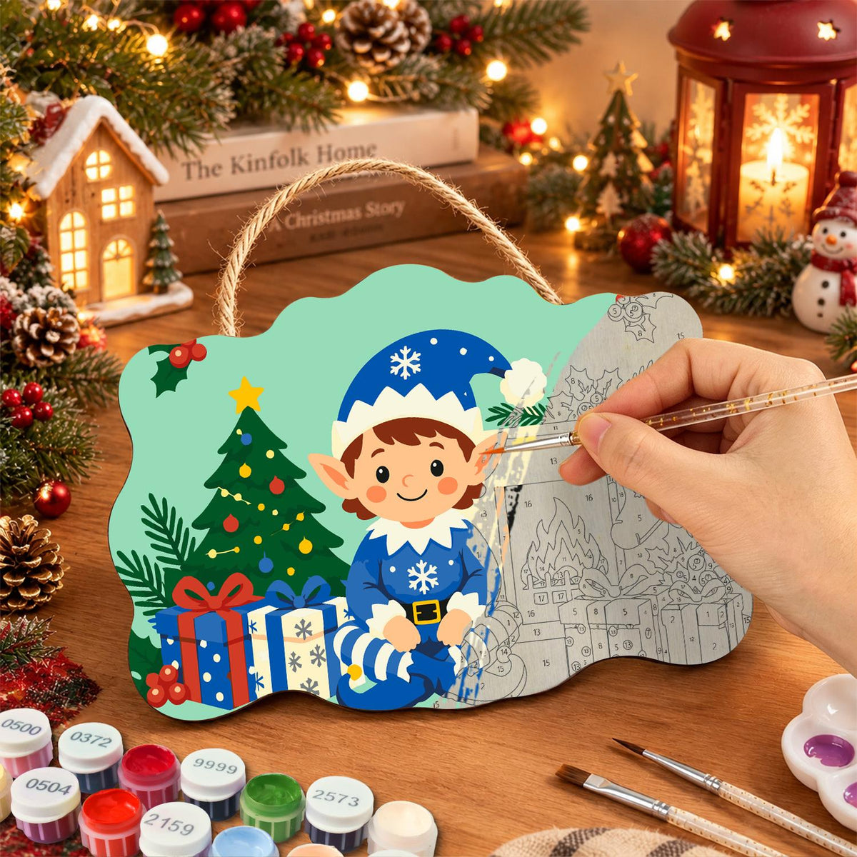 Blue Snowflake Elf by the Hearth paint by numbers hanging sign – image 7