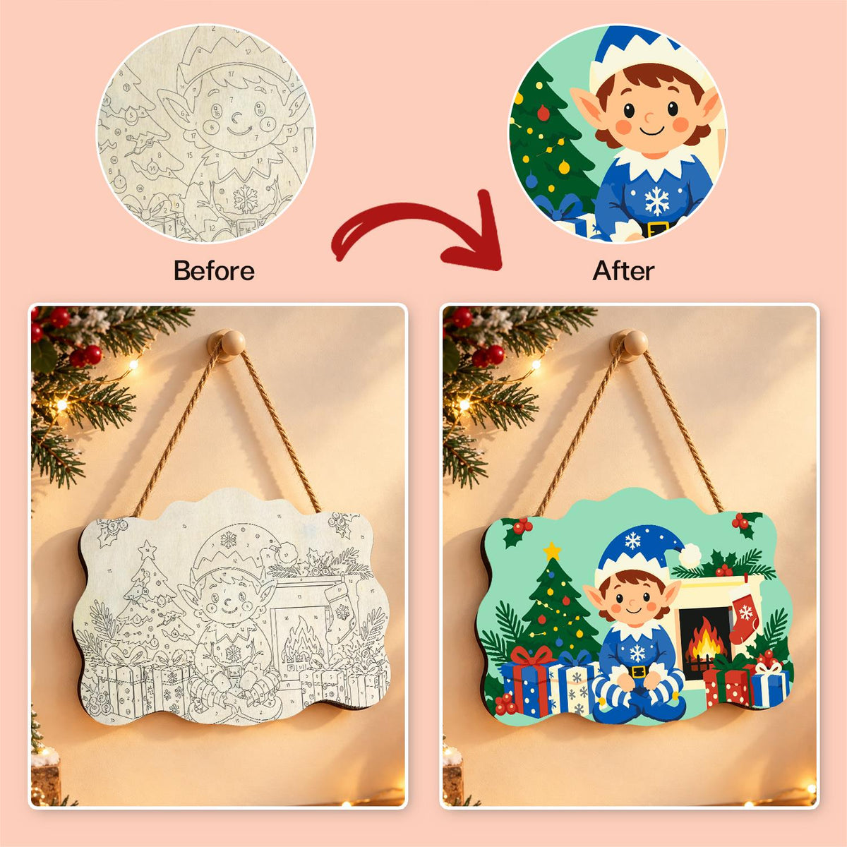 Blue Snowflake Elf by the Hearth paint by numbers hanging sign – image 10