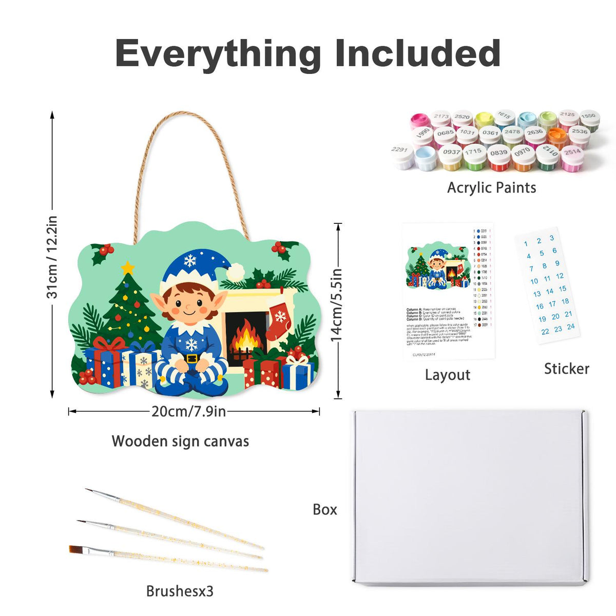 Blue Snowflake Elf by the Hearth paint by numbers hanging sign – what's in the kit: the wooden sign, rope hanger, numbered paints and brushes