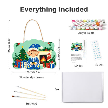 Blue Snowflake Elf by the Hearth paint by numbers hanging sign – what's in the kit: the wooden sign, rope hanger, numbered paints and brushes