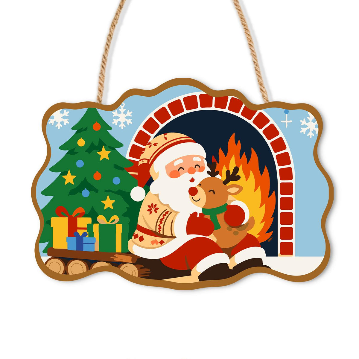 Santa's Fireside Reindeer Hug paint by numbers hanging sign – Santa hugging a young reindeer by a brick fireplace with a Christmas tree and presents, on a wooden sign with a rope hanger