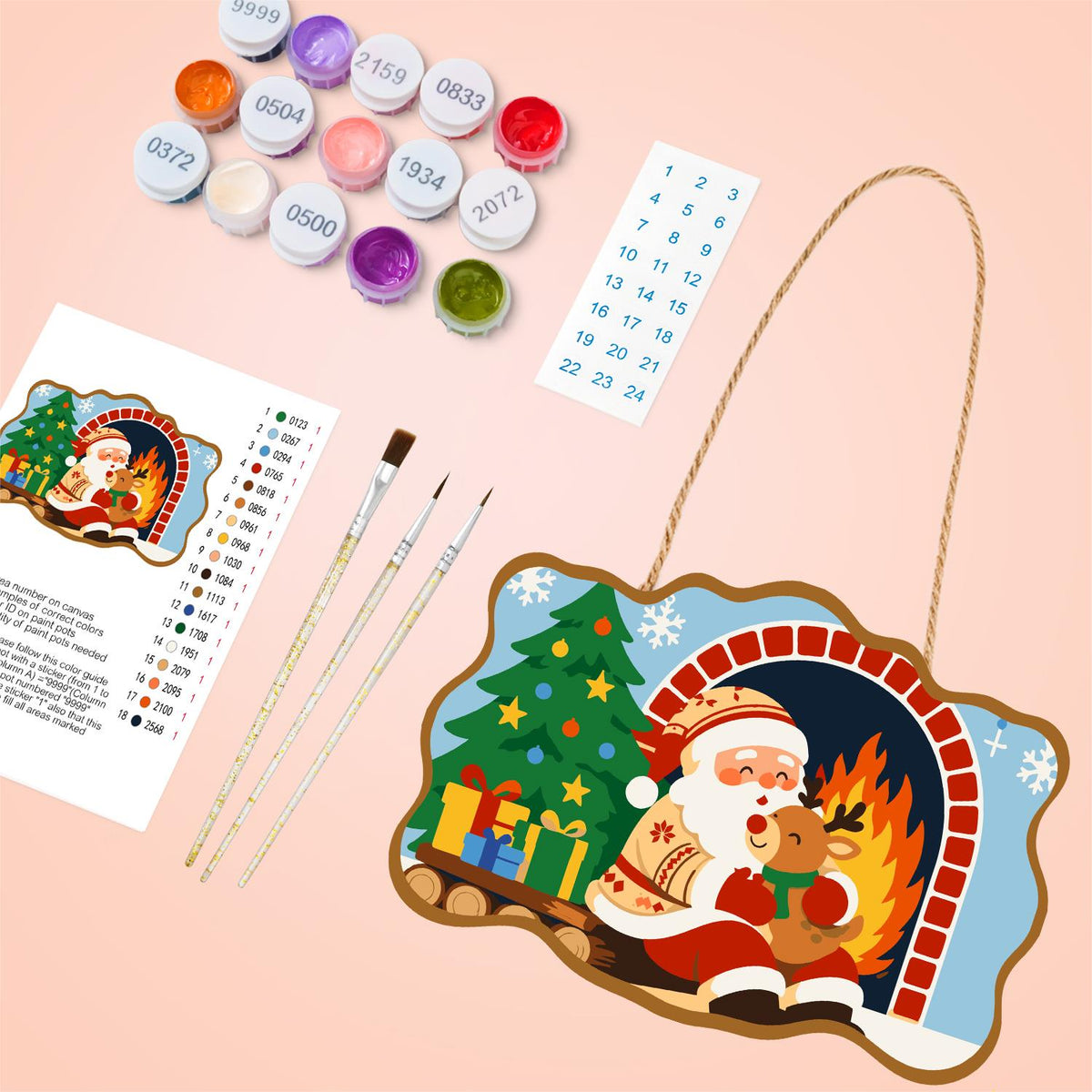 Santa's Fireside Reindeer Hug paint by numbers hanging sign – image 4