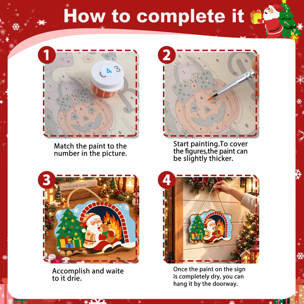 Santa's Fireside Reindeer Hug paint by numbers hanging sign – image 6