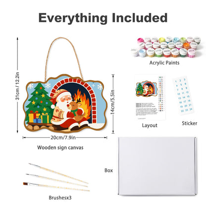 Santa's Fireside Reindeer Hug paint by numbers hanging sign – what's in the kit: the wooden sign, rope hanger, numbered paints and brushes
