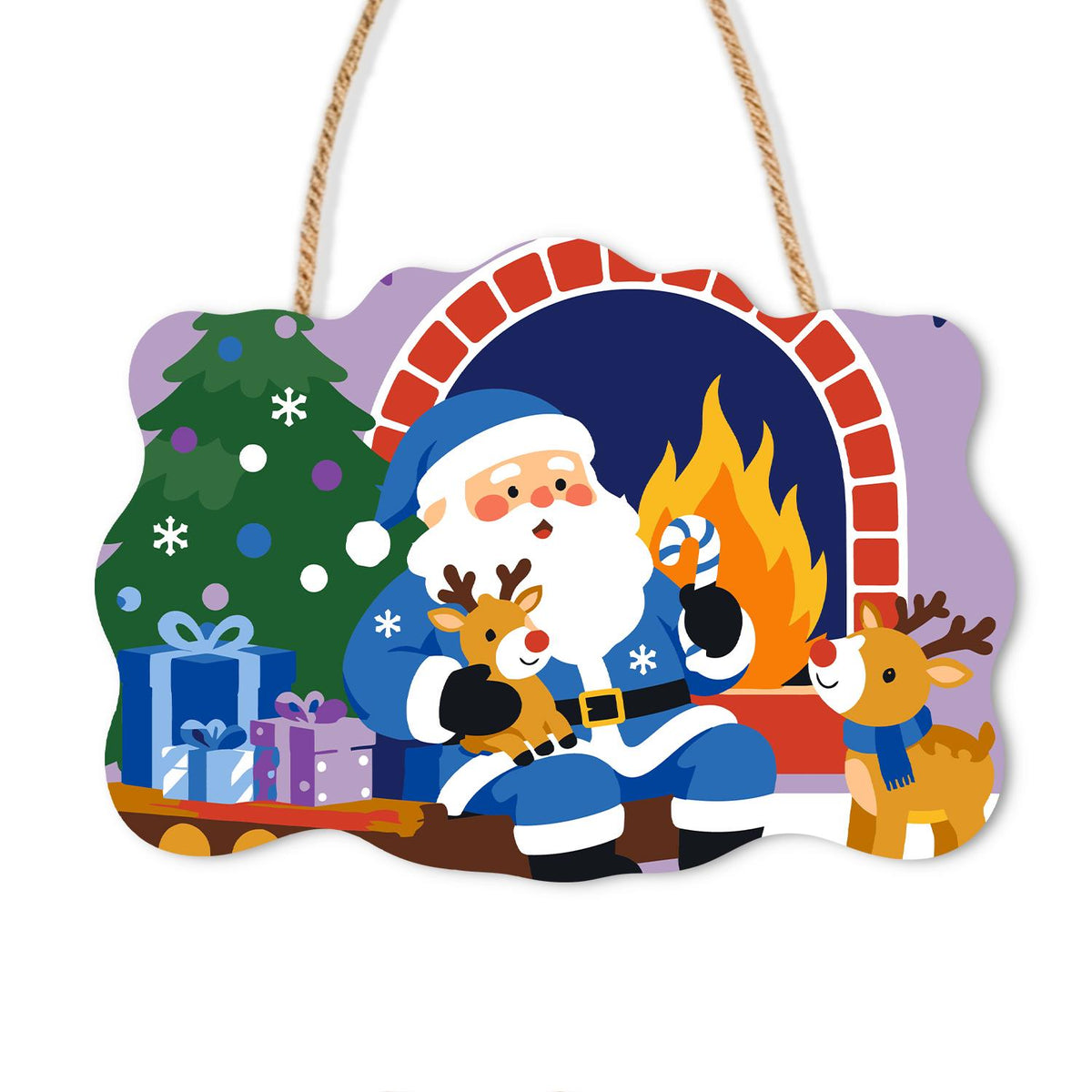 Blue-Suited Santa with Candy Cane paint by numbers hanging sign – Santa in a blue suit with a candy cane and small reindeer by a brick fireplace, tree and gifts, on a wooden sign with a rope hanger