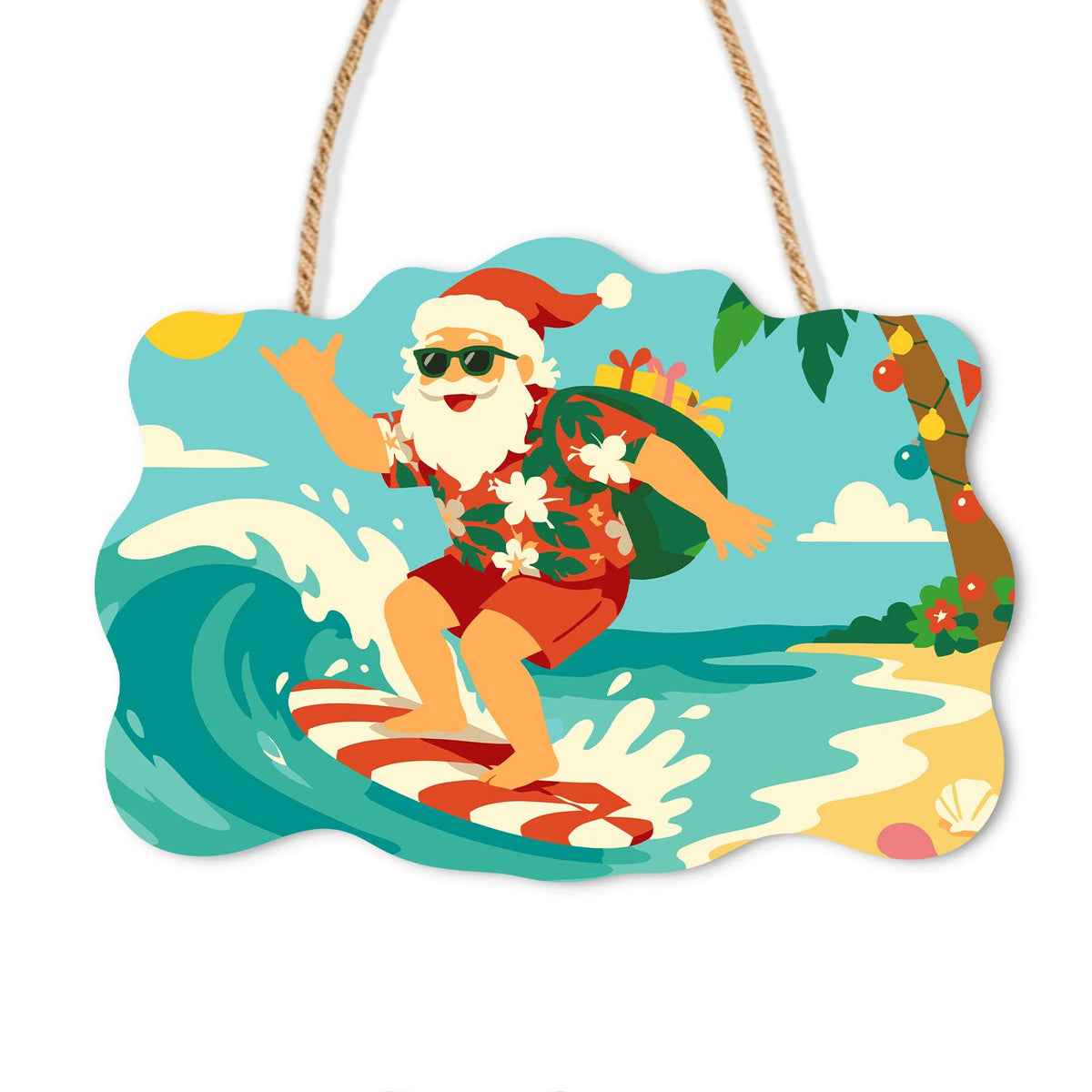 Candy Cane Surfboard Santa paint by numbers hanging sign – Santa in sunglasses and a floral shirt surfing a wave on a candy-striped board with his gift sack, on a wooden sign with a rope hanger