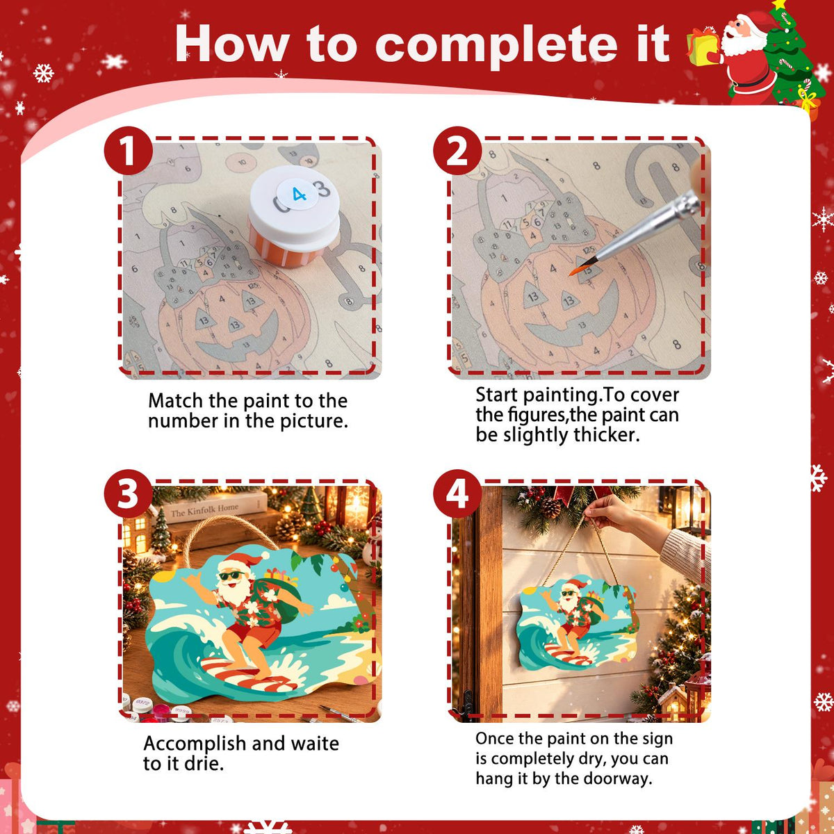 Candy Cane Surfboard Santa paint by numbers hanging sign – image 6