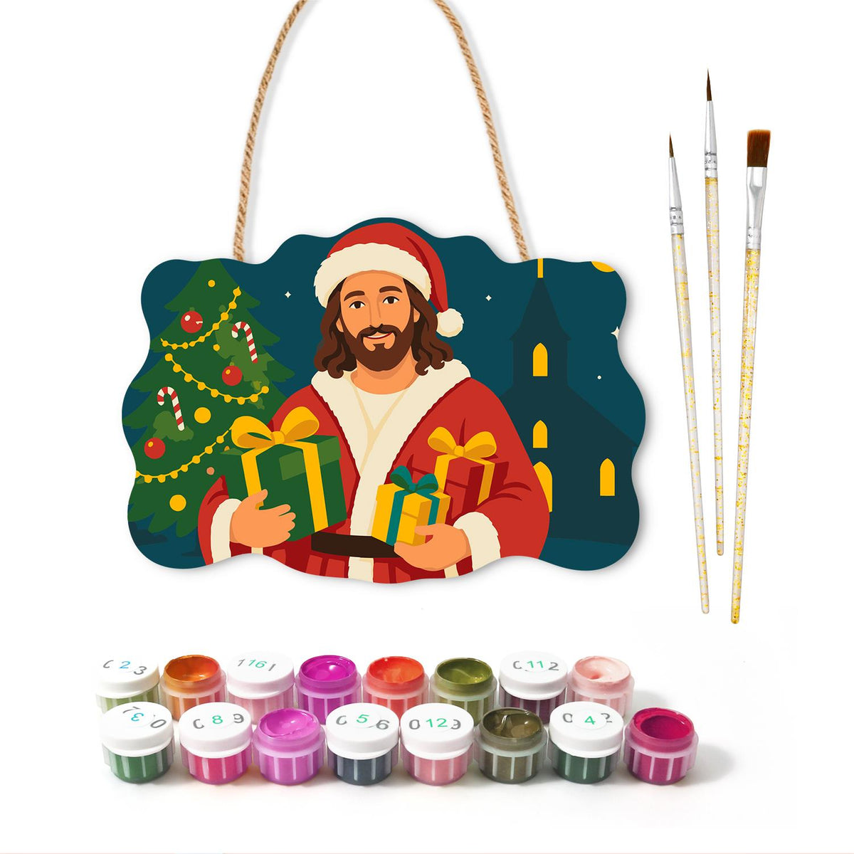 Jesus in Santa Hat Bearing Gifts paint by numbers hanging sign – image 2
