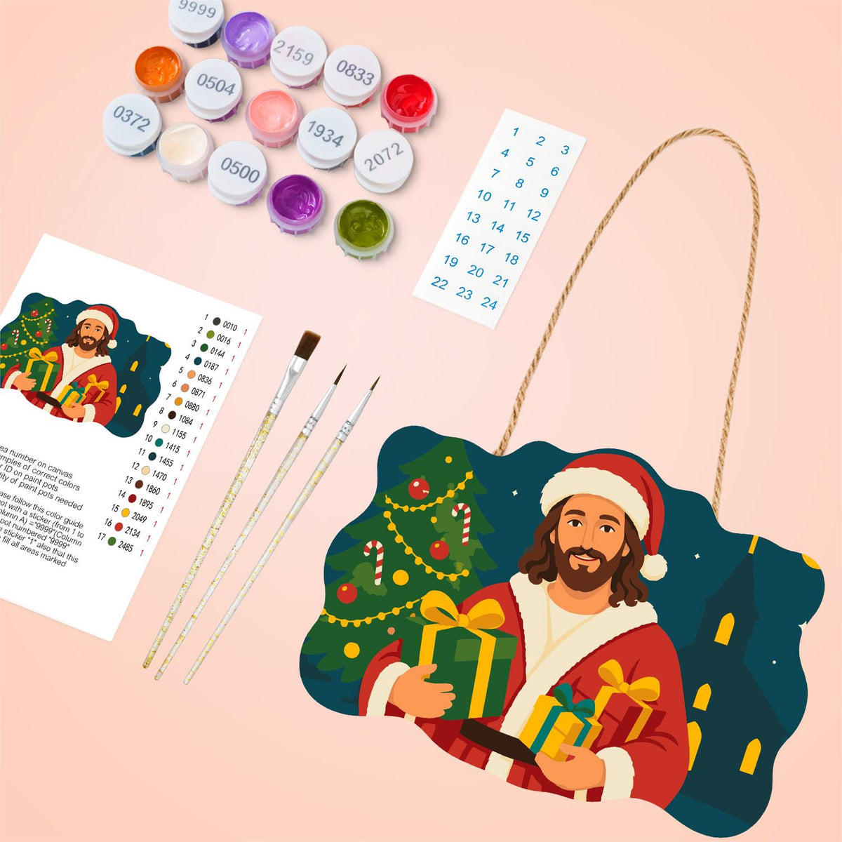 Jesus in Santa Hat Bearing Gifts paint by numbers hanging sign – image 4