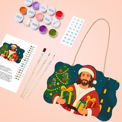 Jesus in Santa Hat Bearing Gifts paint by numbers hanging sign – image 4