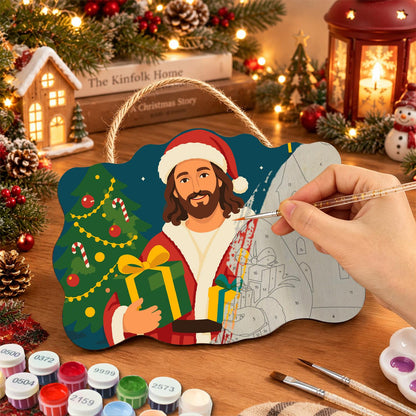 Jesus in Santa Hat Bearing Gifts paint by numbers hanging sign – image 7