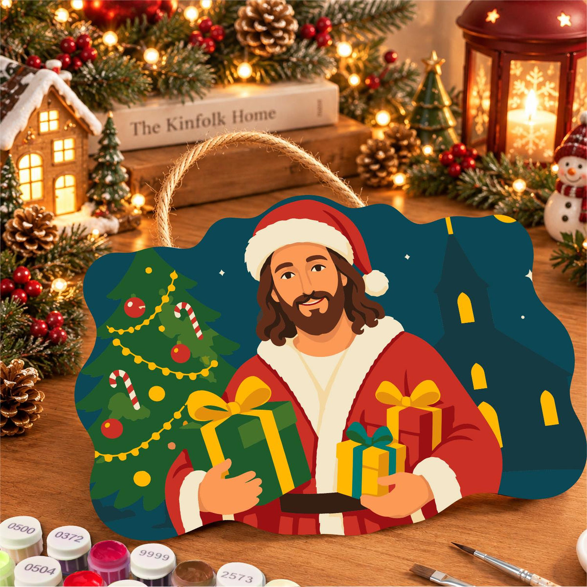 Jesus in Santa Hat Bearing Gifts paint by numbers hanging sign – image 8
