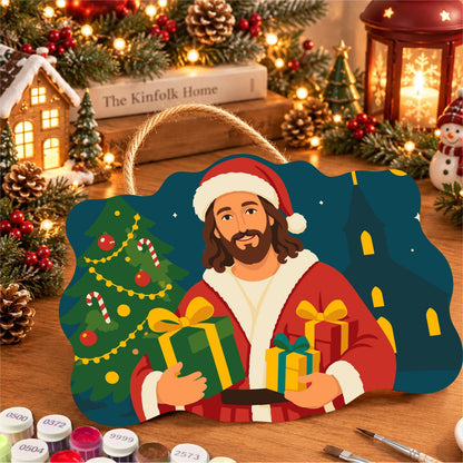 Jesus in Santa Hat Bearing Gifts paint by numbers hanging sign – image 8