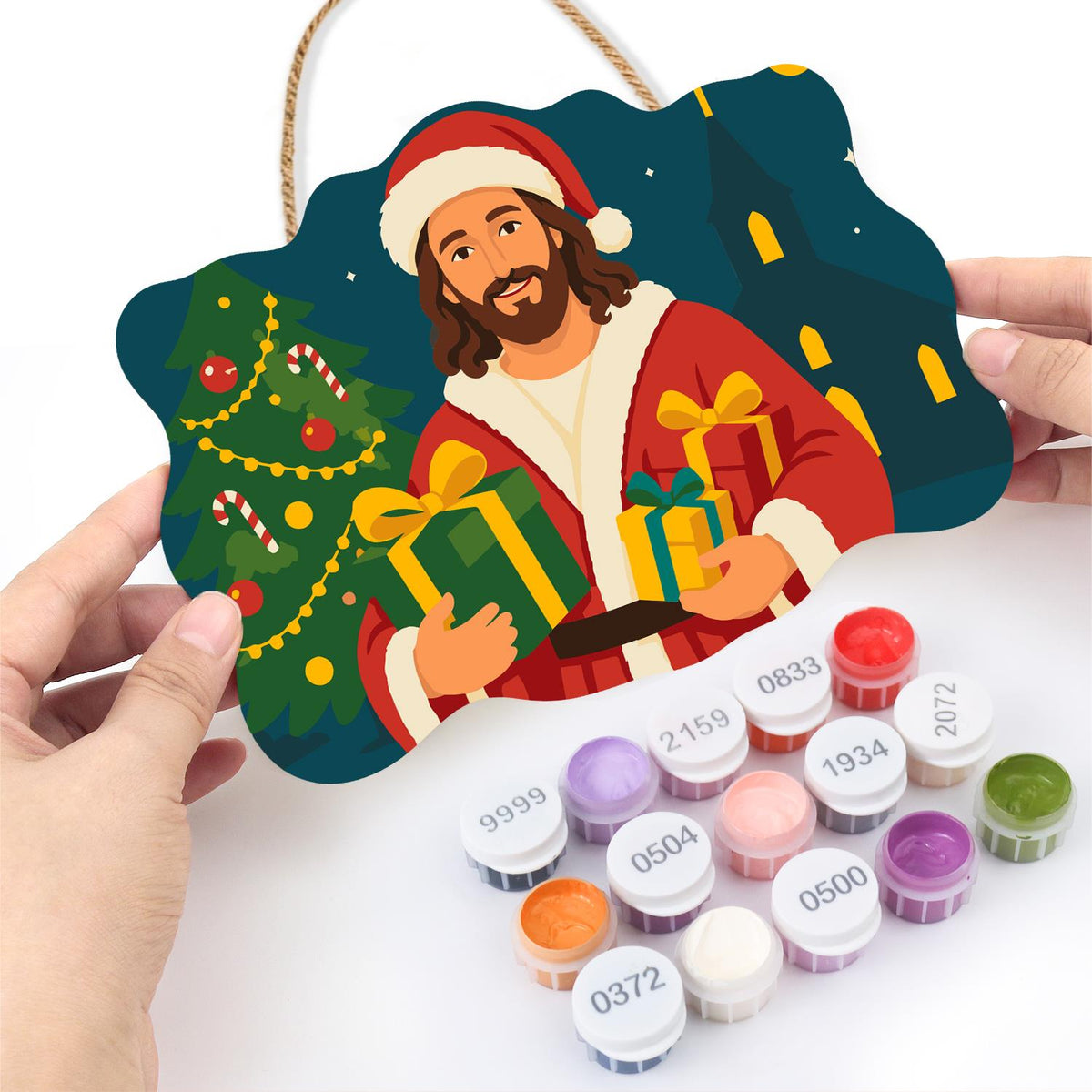 Jesus in Santa Hat Bearing Gifts paint by numbers hanging sign – image 9