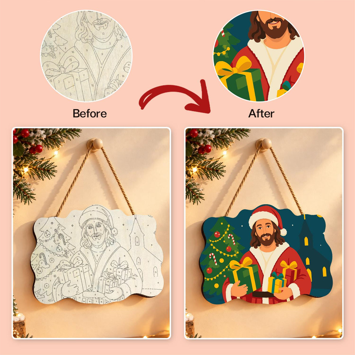 Jesus in Santa Hat Bearing Gifts paint by numbers hanging sign – image 10