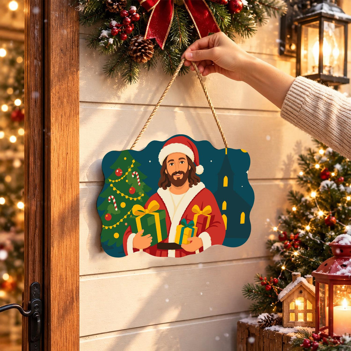 Jesus in Santa Hat Bearing Gifts paint by numbers hanging sign – image 14