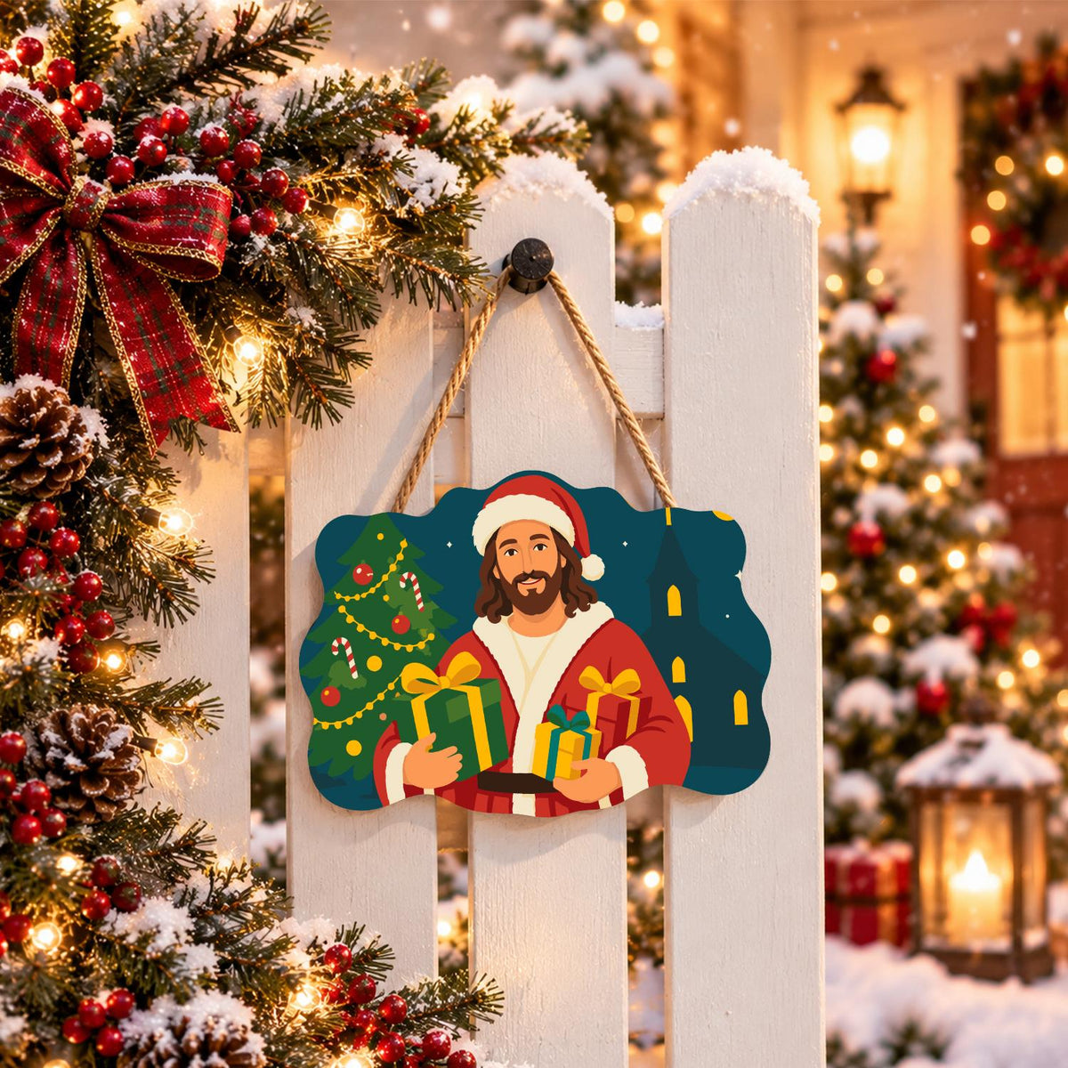 Jesus in Santa Hat Bearing Gifts paint by numbers hanging sign – image 15