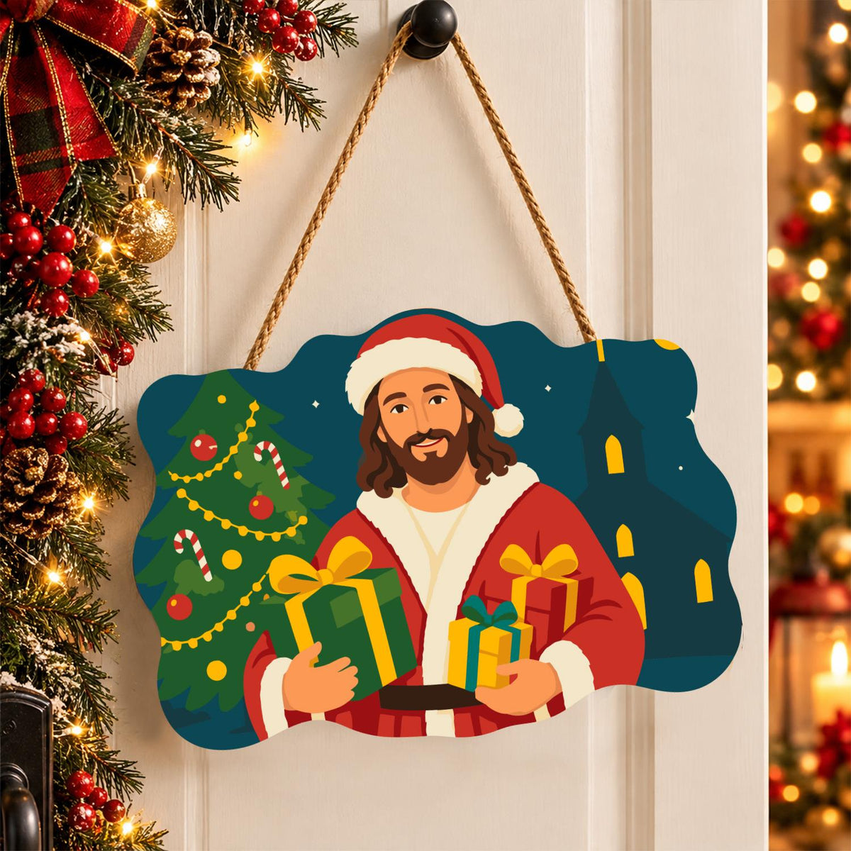 Jesus in Santa Hat Bearing Gifts paint by numbers hanging sign – image 16