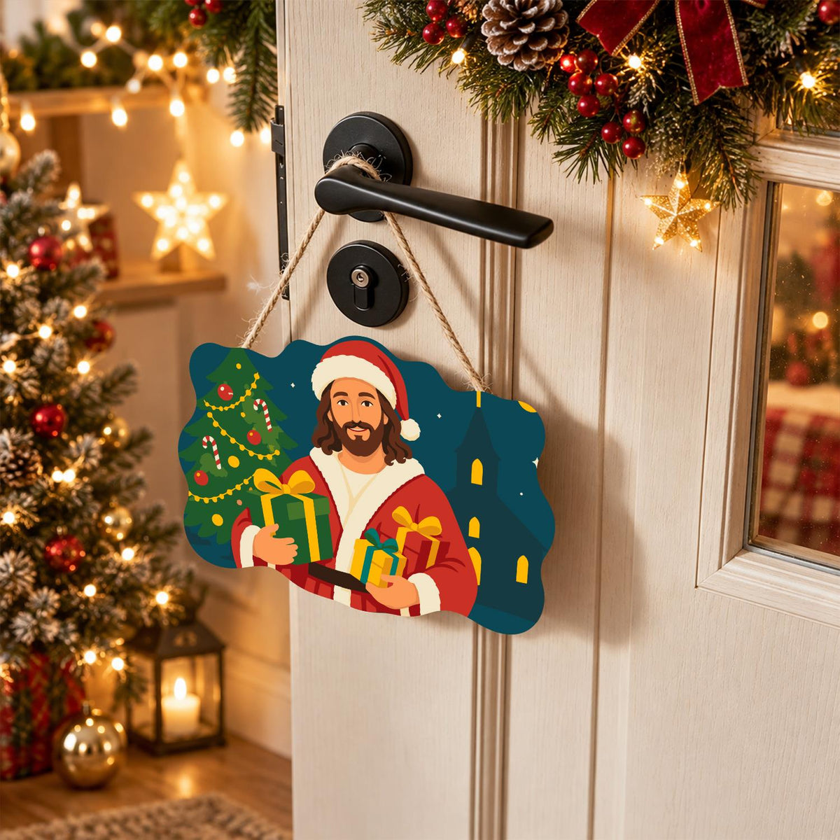 Jesus in Santa Hat Bearing Gifts paint by numbers hanging sign – image 18