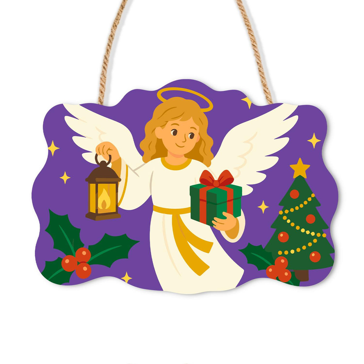 Lantern Angel with Green Gift paint by numbers hanging sign – Haloed angel with white wings holding a lantern and a green gift on violet, with holly and a tree, on a wooden sign with a rope hanger