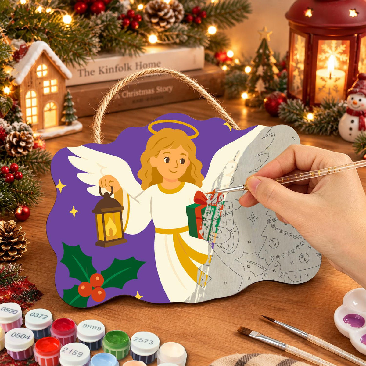 Lantern Angel with Green Gift paint by numbers hanging sign – image 7