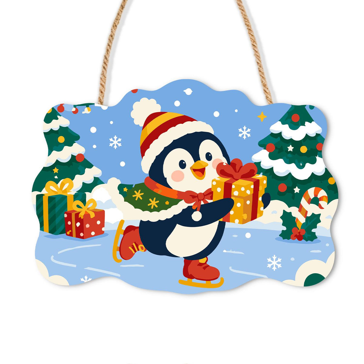 Skating Penguin with a Present paint by numbers hanging sign – Penguin in a bobble hat and scarf ice skating with a gift box among snowy trees and candy canes, on a wooden sign with a rope hanger