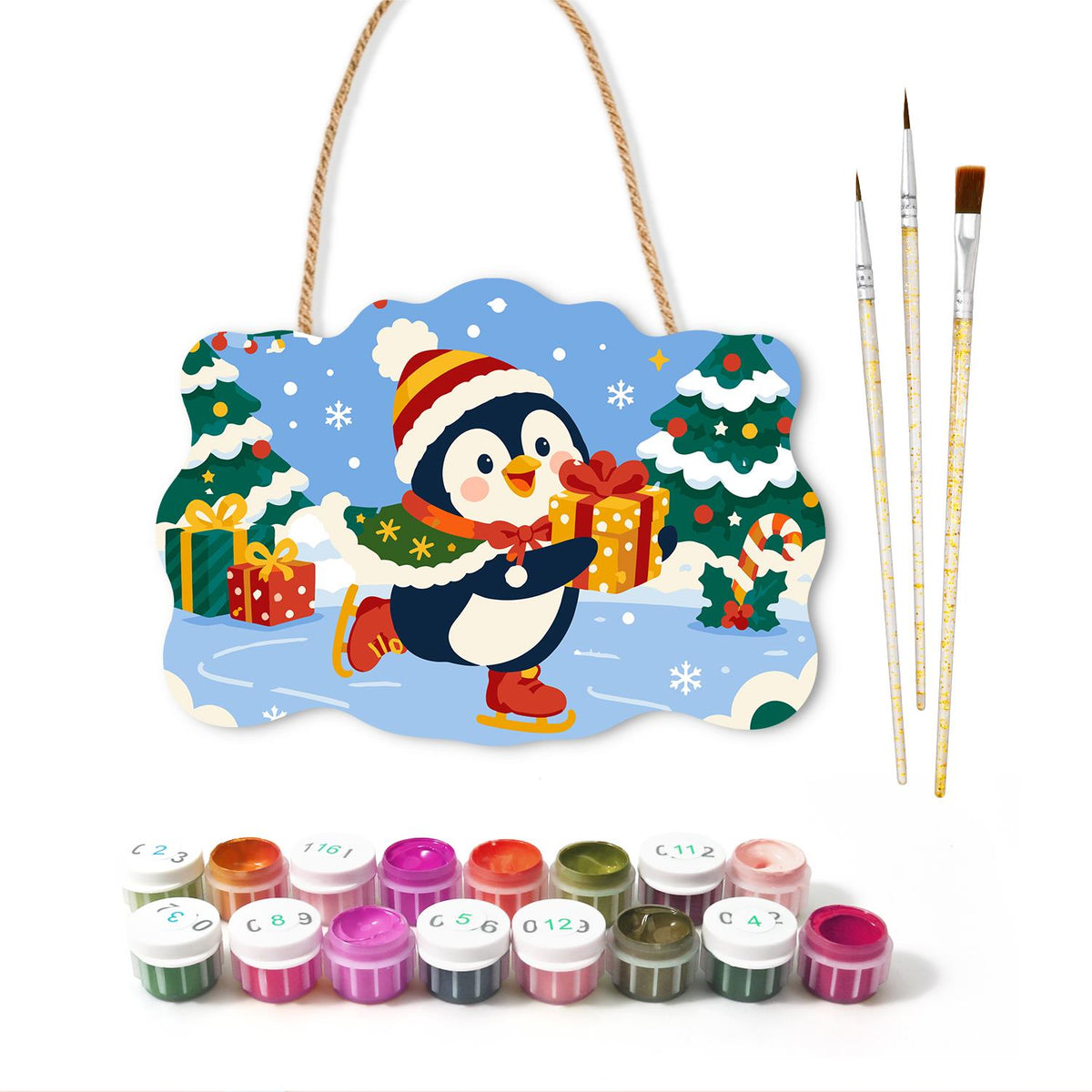 Skating Penguin with a Present paint by numbers hanging sign – image 2