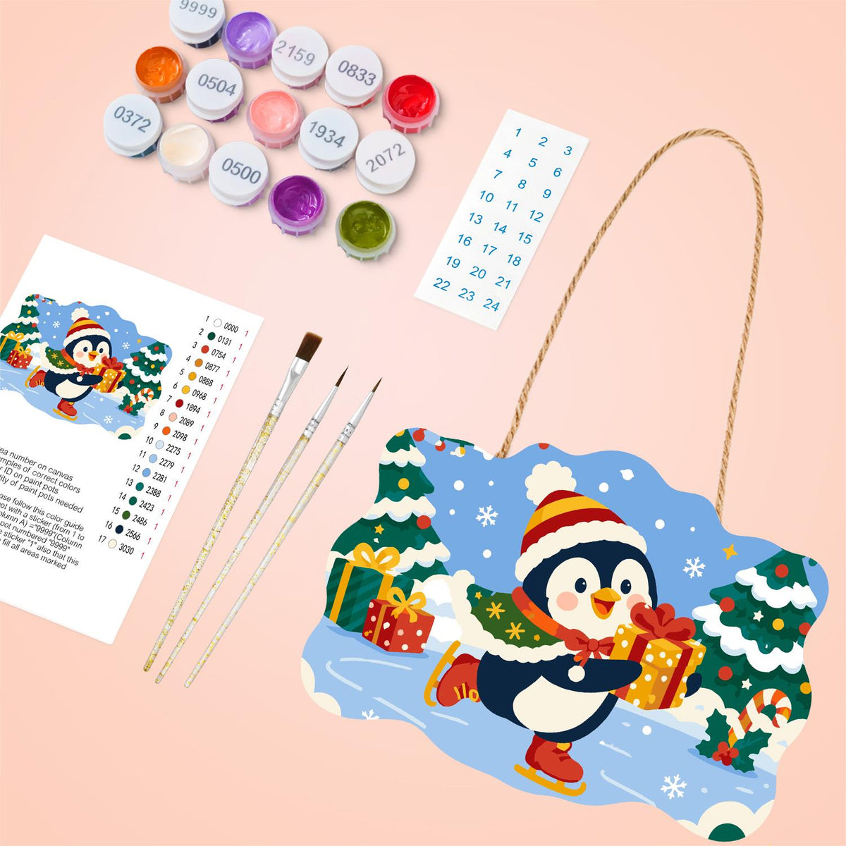 Skating Penguin with a Present paint by numbers hanging sign – image 4