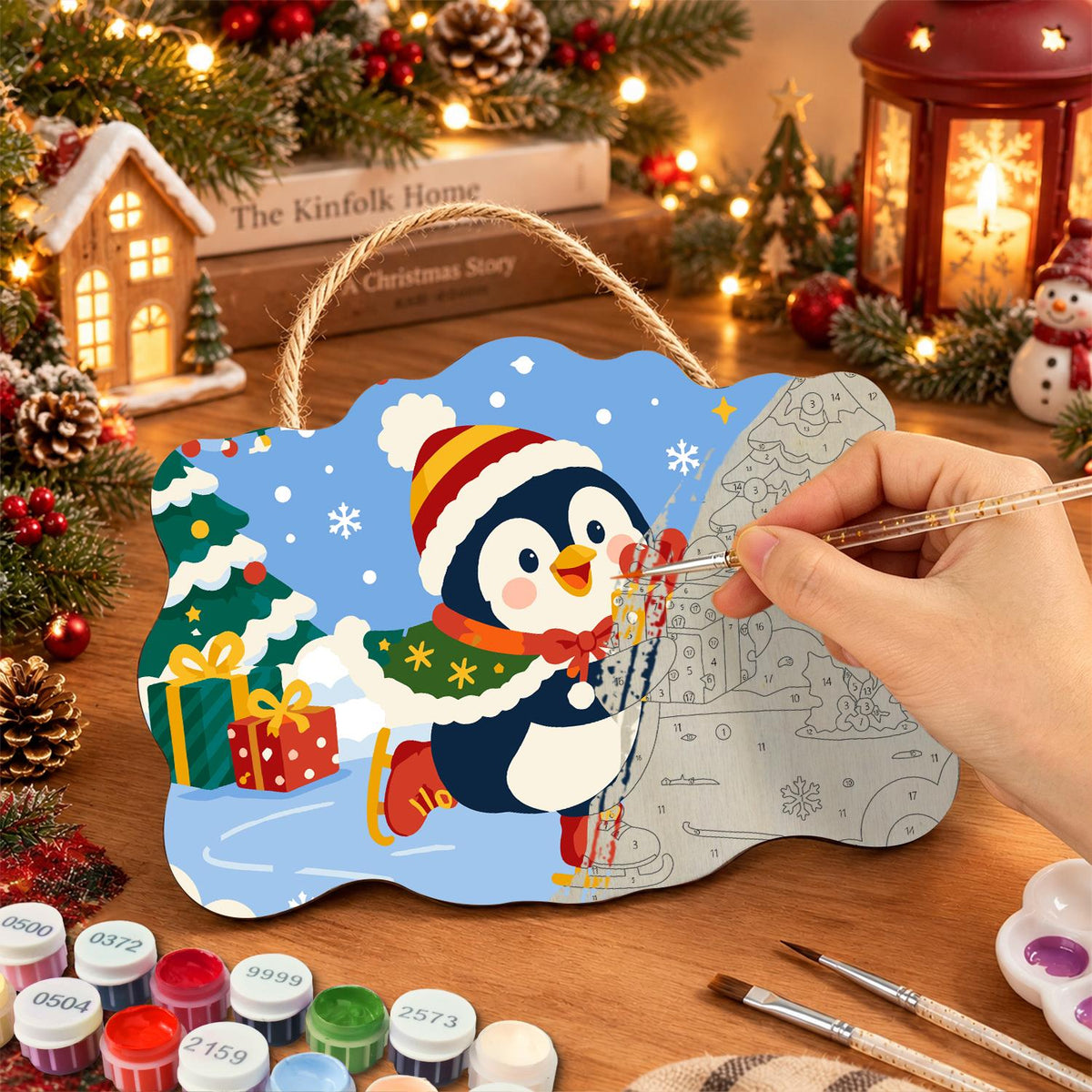 Skating Penguin with a Present paint by numbers hanging sign – image 7