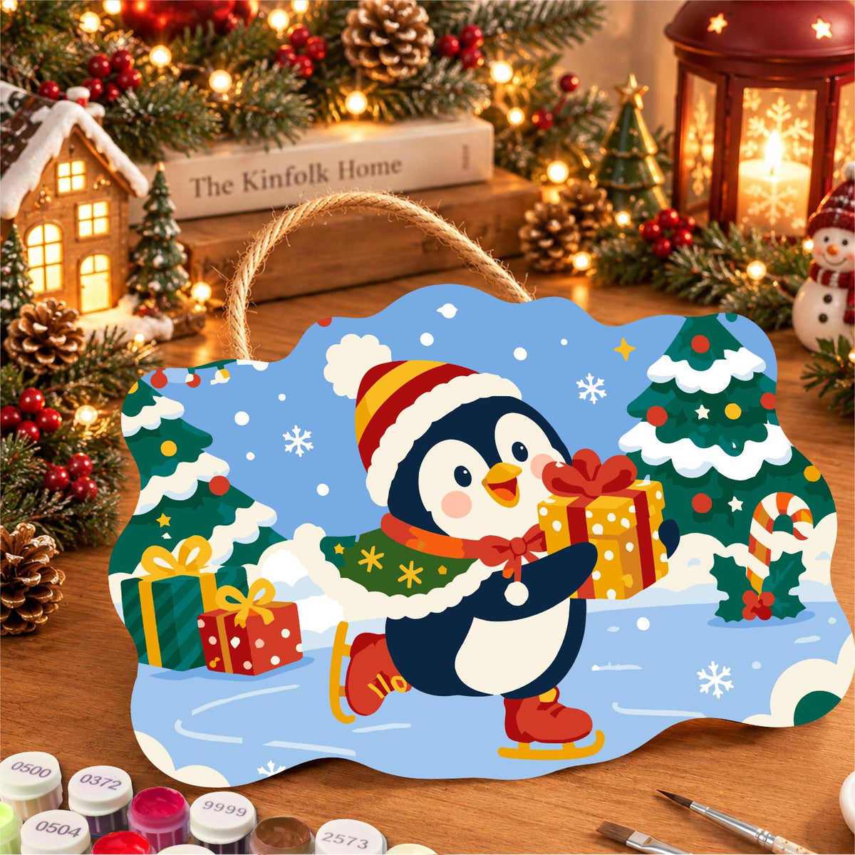 Skating Penguin with a Present paint by numbers hanging sign – image 8