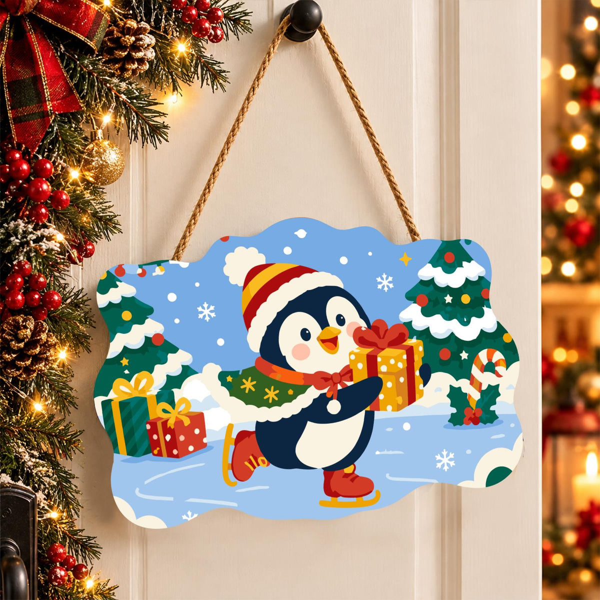 Skating Penguin with a Present paint by numbers hanging sign – image 16