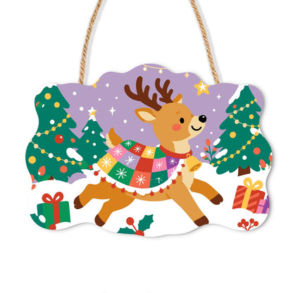 Patchwork Blanket Reindeer paint by numbers hanging sign – Prancing reindeer wearing a colorful patchwork blanket among Christmas trees and gifts, lilac sky, on a wooden sign with a rope hanger