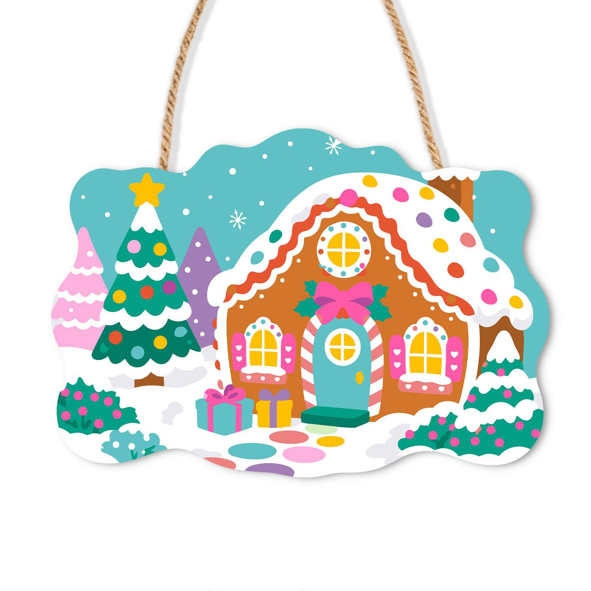 Gumdrop Gingerbread Cottage paint by numbers hanging sign – Gingerbread house covered in colorful candy dots and frosting among snowy trees under a teal sky, on a wooden sign with a rope hanger