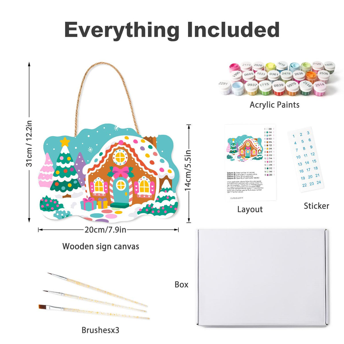 Gumdrop Gingerbread Cottage paint by numbers hanging sign – what's in the kit: the wooden sign, rope hanger, numbered paints and brushes