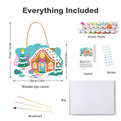 Gumdrop Gingerbread Cottage paint by numbers hanging sign – what's in the kit: the wooden sign, rope hanger, numbered paints and brushes