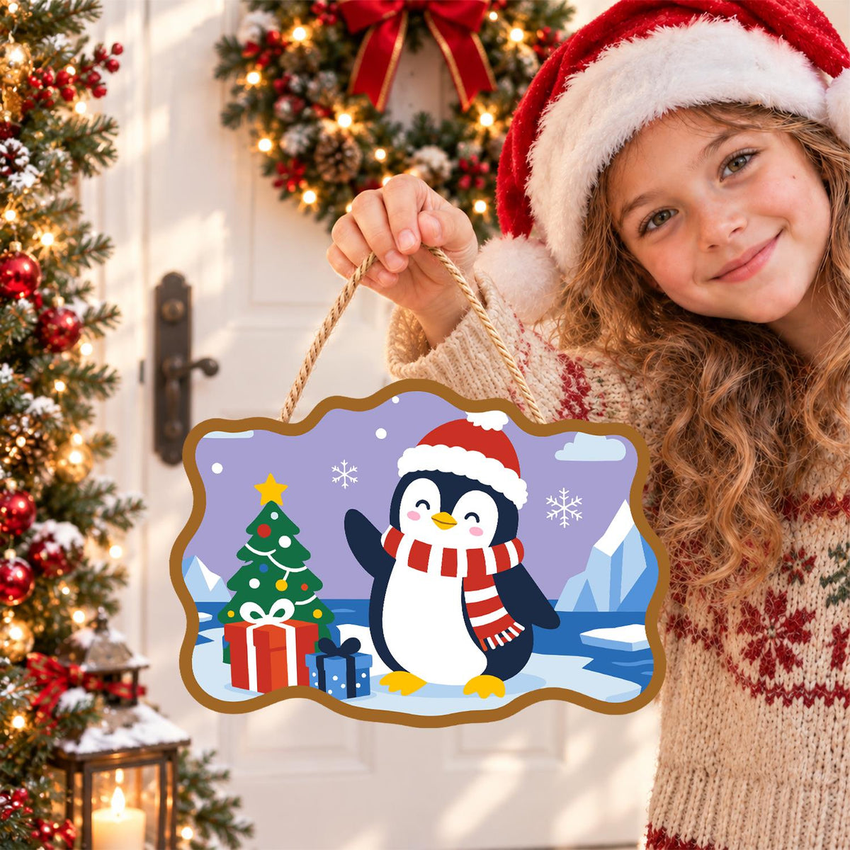 Waving Penguin by the Icebergs paint by numbers hanging sign – image 13