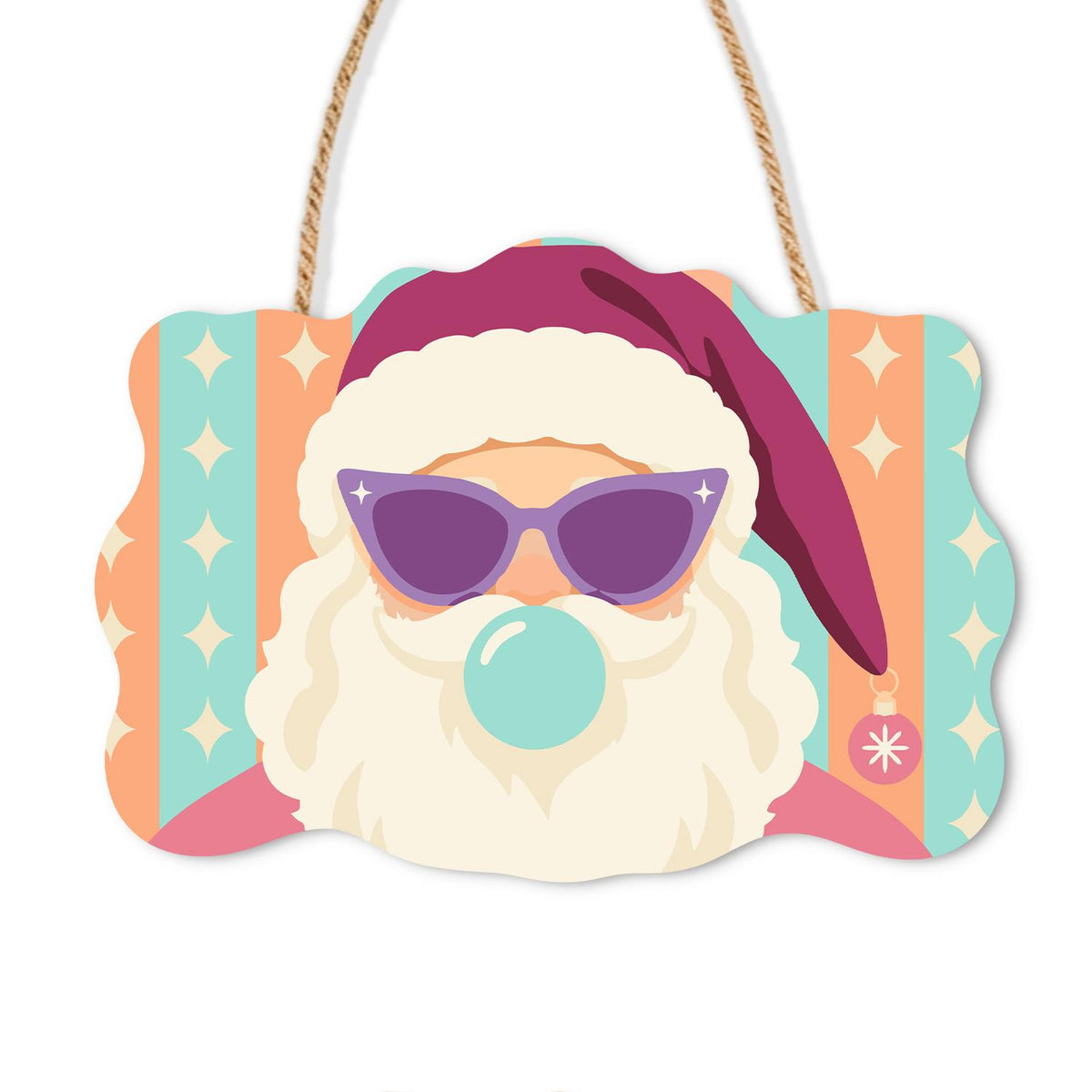 Cat-Eye Shades Santa on Pastels paint by numbers hanging sign – Santa in a magenta hat and purple cat-eye sunglasses blowing a mint bubble on pastel stripes, on a wooden sign with a rope hanger