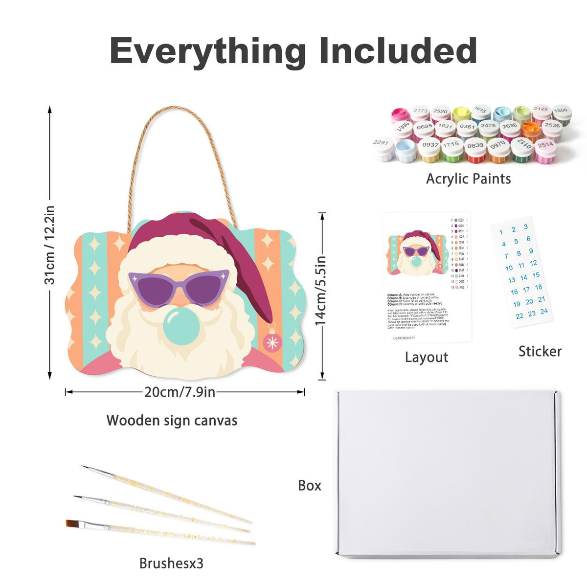 Cat-Eye Shades Santa on Pastels paint by numbers hanging sign – what's in the kit: the wooden sign, rope hanger, numbered paints and brushes