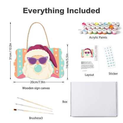 Cat-Eye Shades Santa on Pastels paint by numbers hanging sign – what's in the kit: the wooden sign, rope hanger, numbered paints and brushes