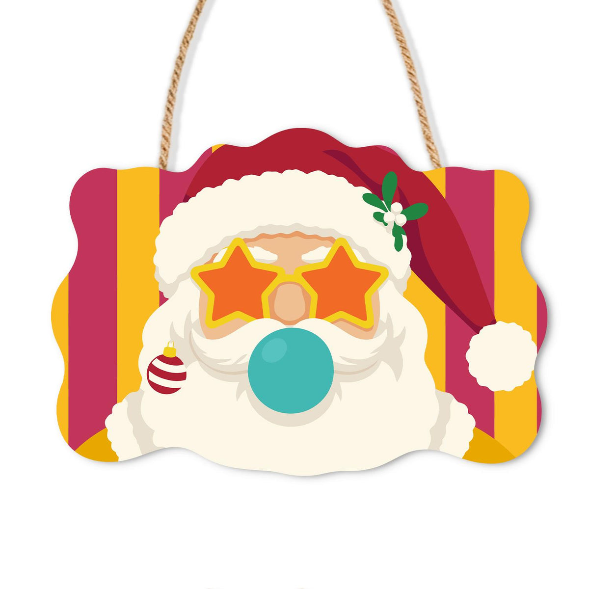 Star Specs Santa with Teal Bubble paint by numbers hanging sign – Santa in orange star-shaped glasses blowing a teal bubble, mistletoe on his hat, red and yellow stripes, on a wooden sign with a rope hanger
