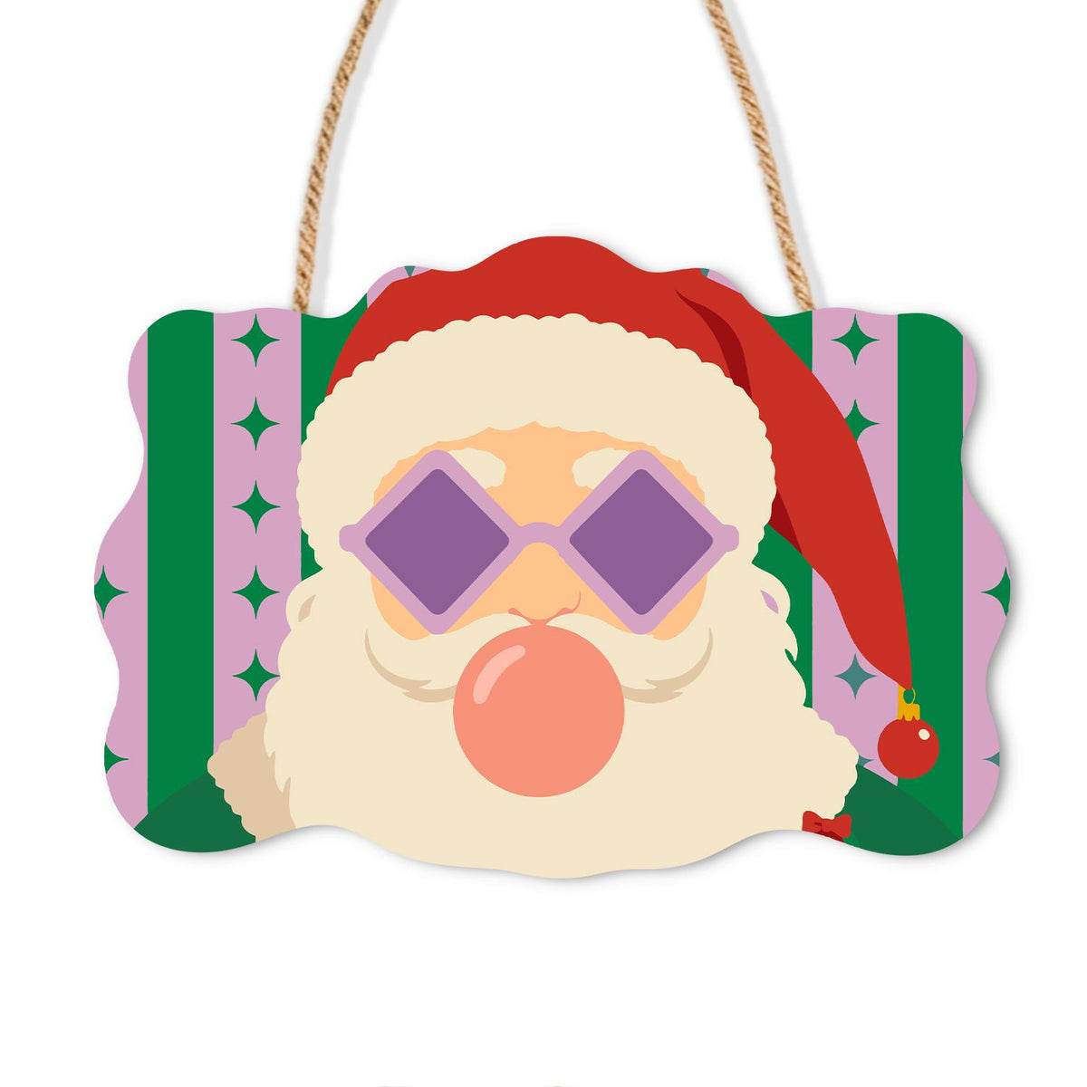 Coral Bubble Santa in Lilac Shades paint by numbers hanging sign – Santa in lilac diamond-shaped sunglasses blowing a coral bubble on green and lilac starred stripes, on a wooden sign with a rope hanger