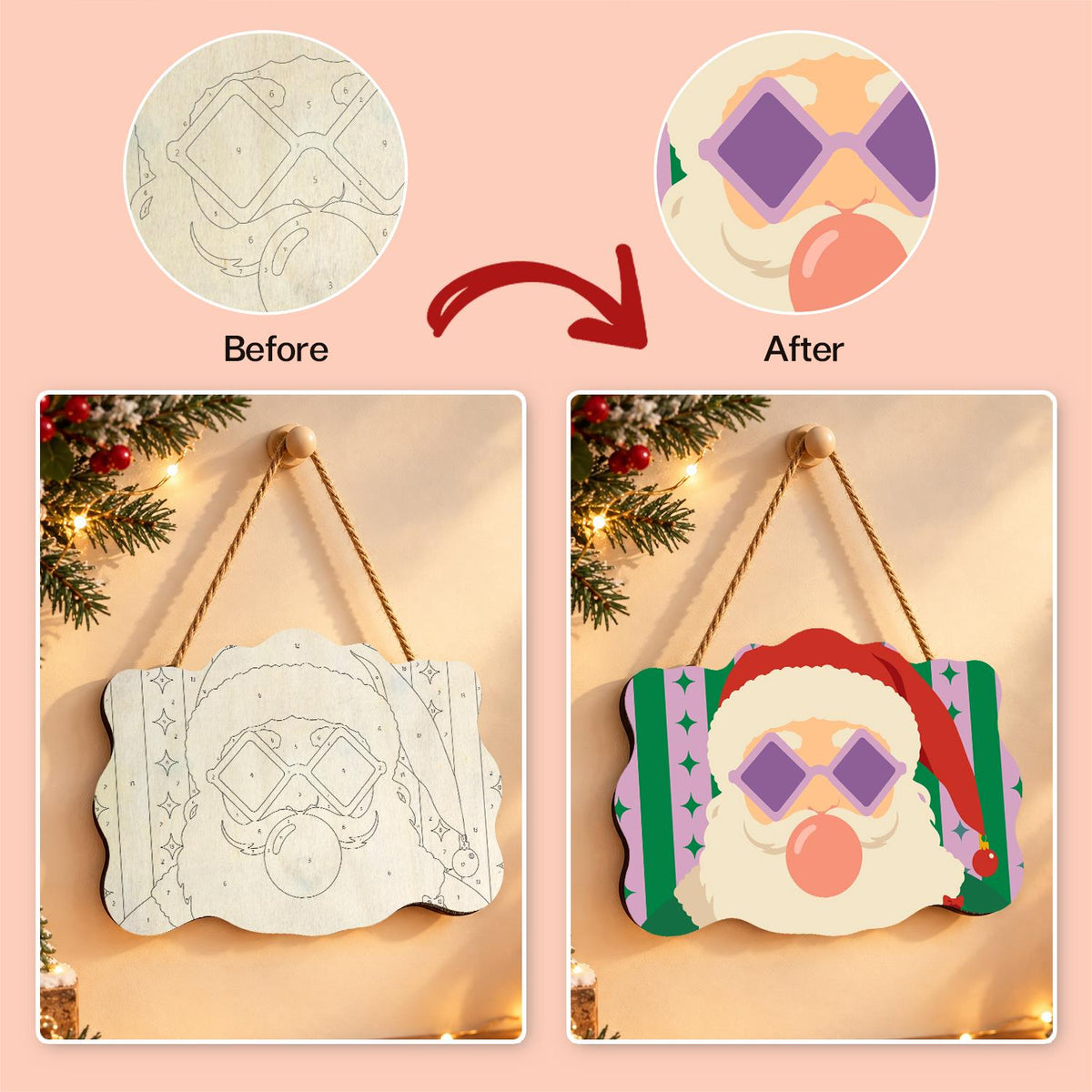 Coral Bubble Santa in Lilac Shades paint by numbers hanging sign – image 10