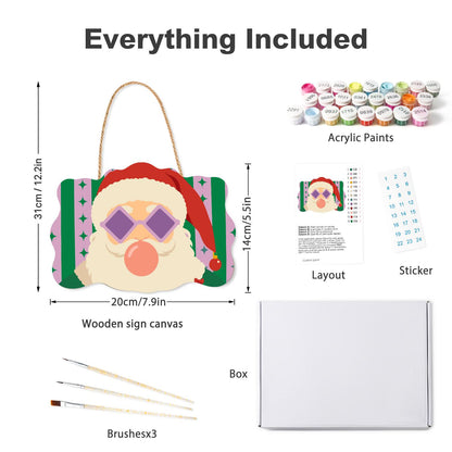 Coral Bubble Santa in Lilac Shades paint by numbers hanging sign – what's in the kit: the wooden sign, rope hanger, numbered paints and brushes